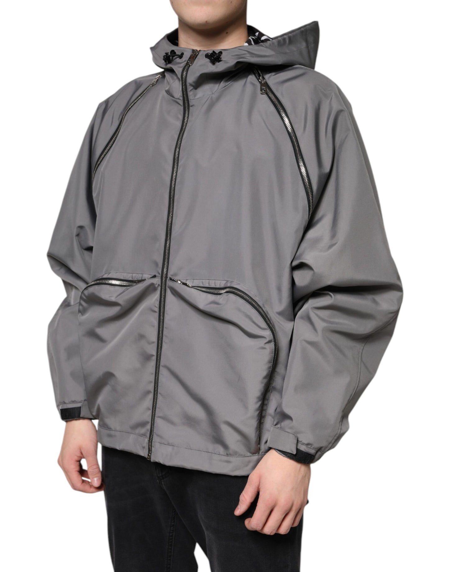 Chaqueta con capucha y cremallera completa de poliéster gris Dolce & Gabbana para hombre
