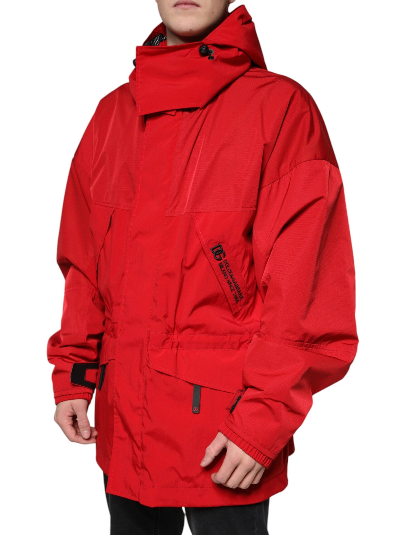 Parka Dolce & Gabbana con capucha de nailon rojo y cremallera completa para hombre