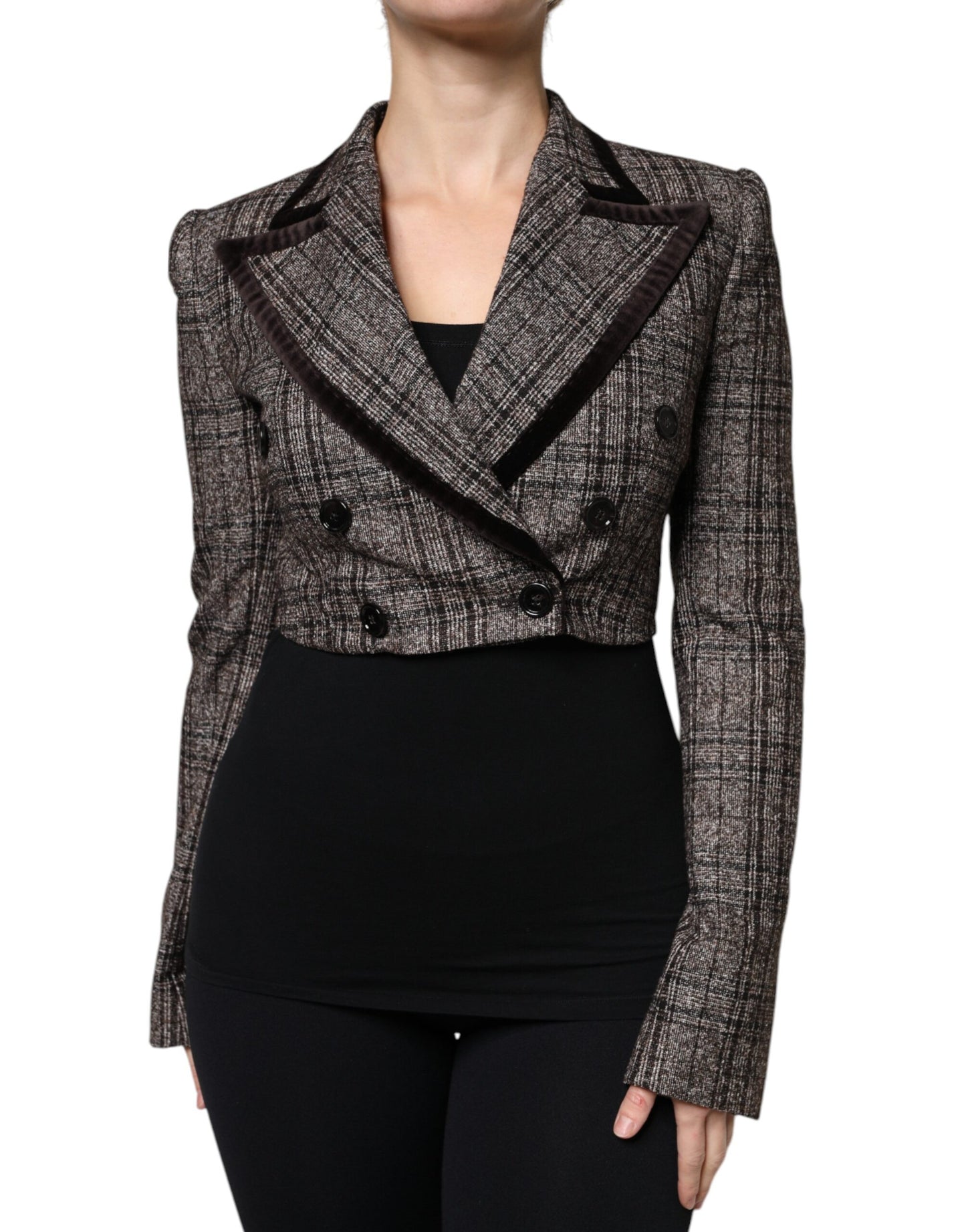 Dolce & Gabbana Brown Plaid Long Sleeve Cropped Coat Jacket – IT40|S par Dolce & Gabbana | Disponible sur Sandy Store ByNet