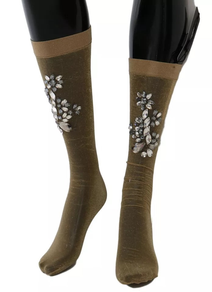 Calcetines elásticos dorados con diseño floral y cristales transparentes de Dolce & Gabbana
