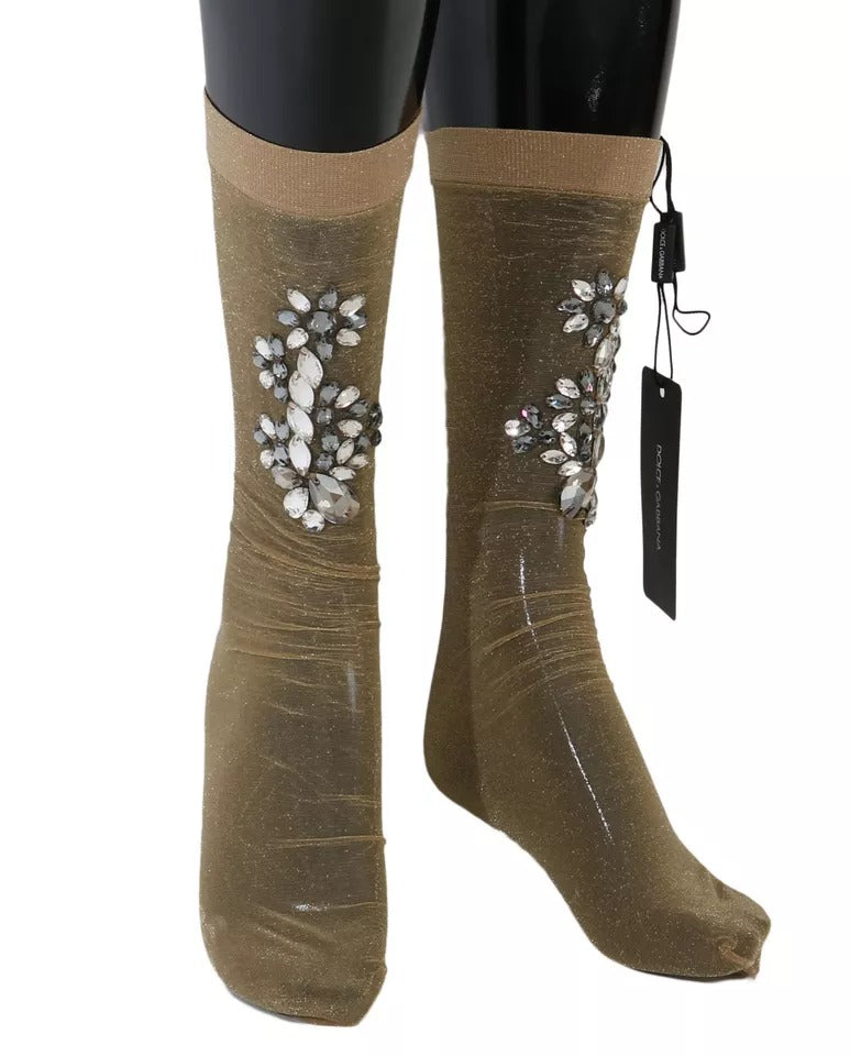 Calcetines elásticos dorados con diseño floral y cristales transparentes de Dolce & Gabbana