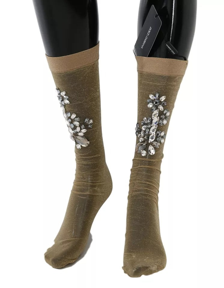 Calcetines elásticos dorados con diseño floral y cristales transparentes de Dolce & Gabbana
