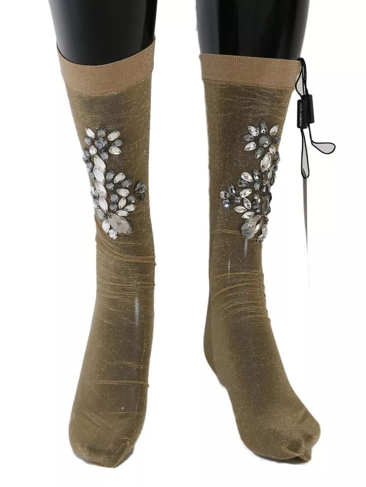 Calcetines elásticos dorados con diseño floral y cristales transparentes de Dolce & Gabbana