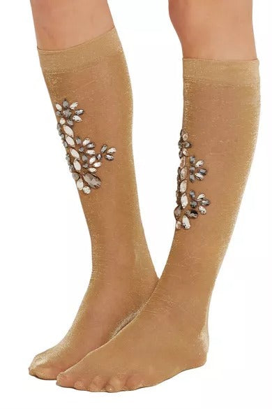 Calcetines elásticos dorados con diseño floral y cristales transparentes de Dolce & Gabbana
