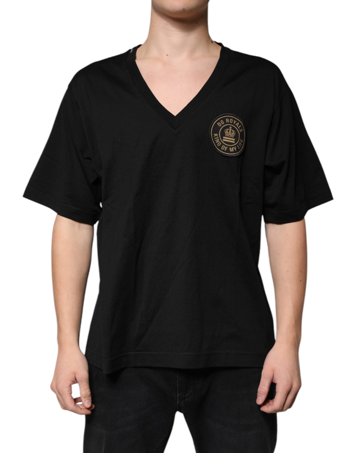 Camiseta de manga corta con cuello en V y logotipo de algodón negro de Dolce & Gabbana