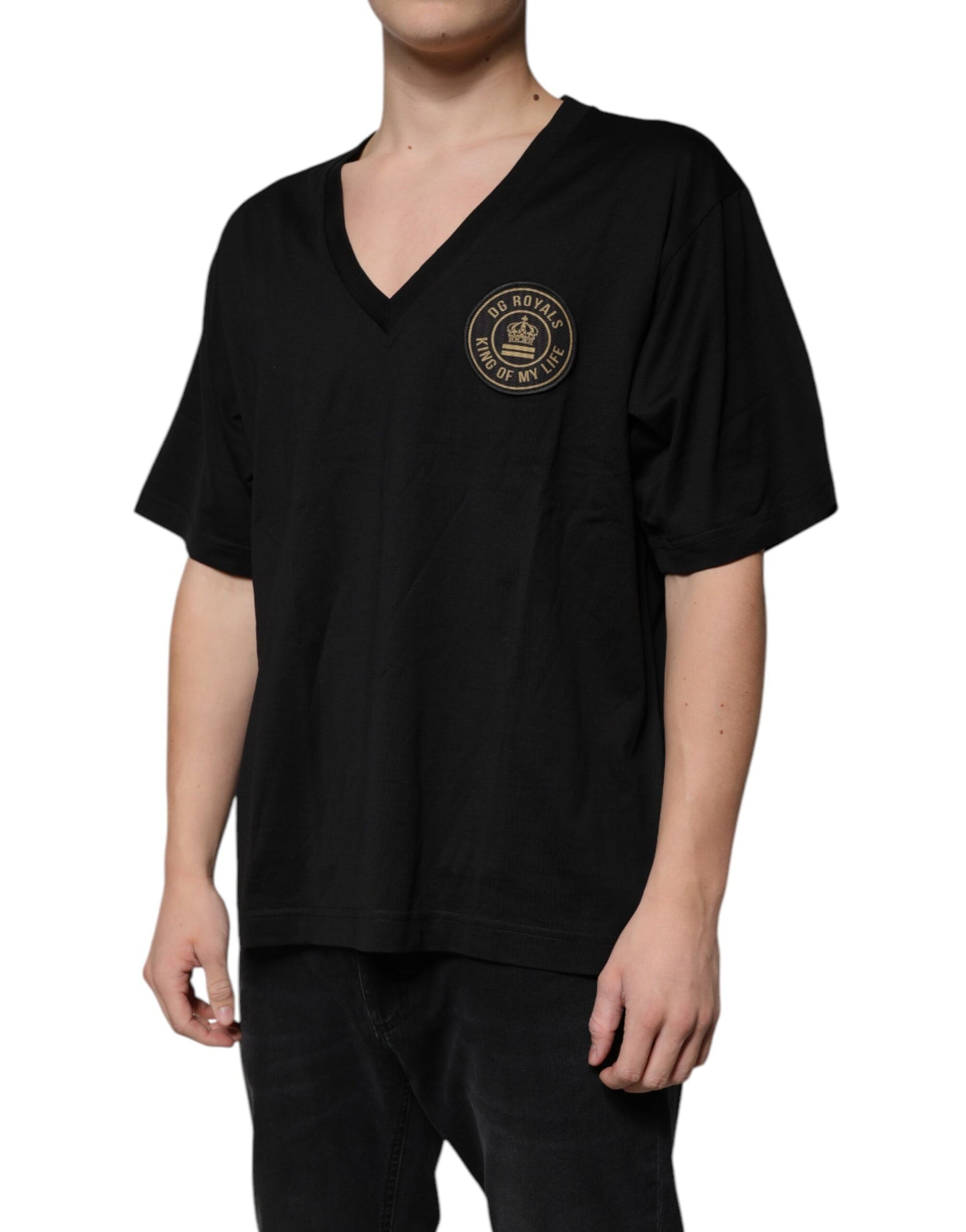 Camiseta de manga corta con cuello en V y logotipo de algodón negro de Dolce & Gabbana