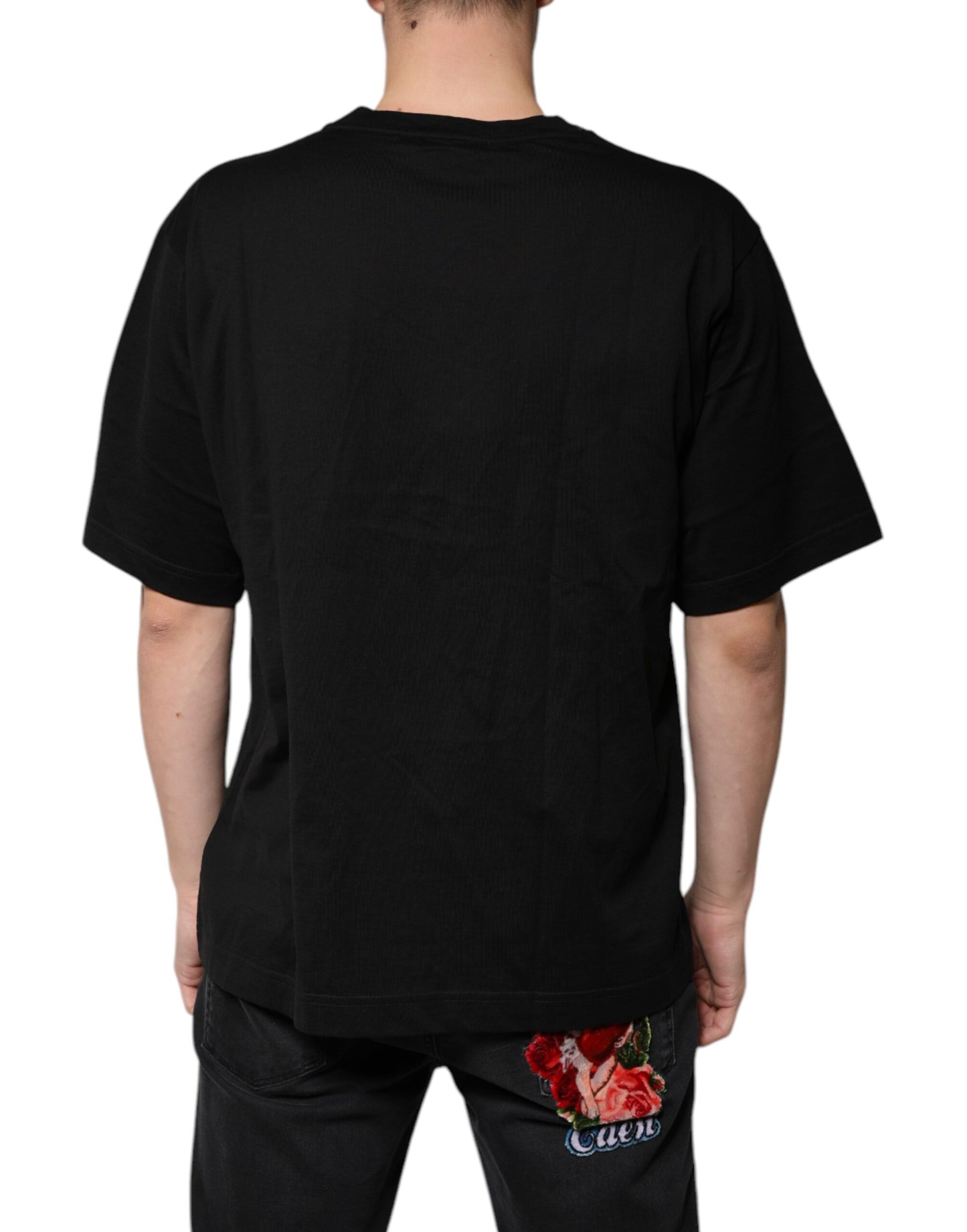 Camiseta de manga corta con cuello en V y logotipo de algodón negro de Dolce & Gabbana