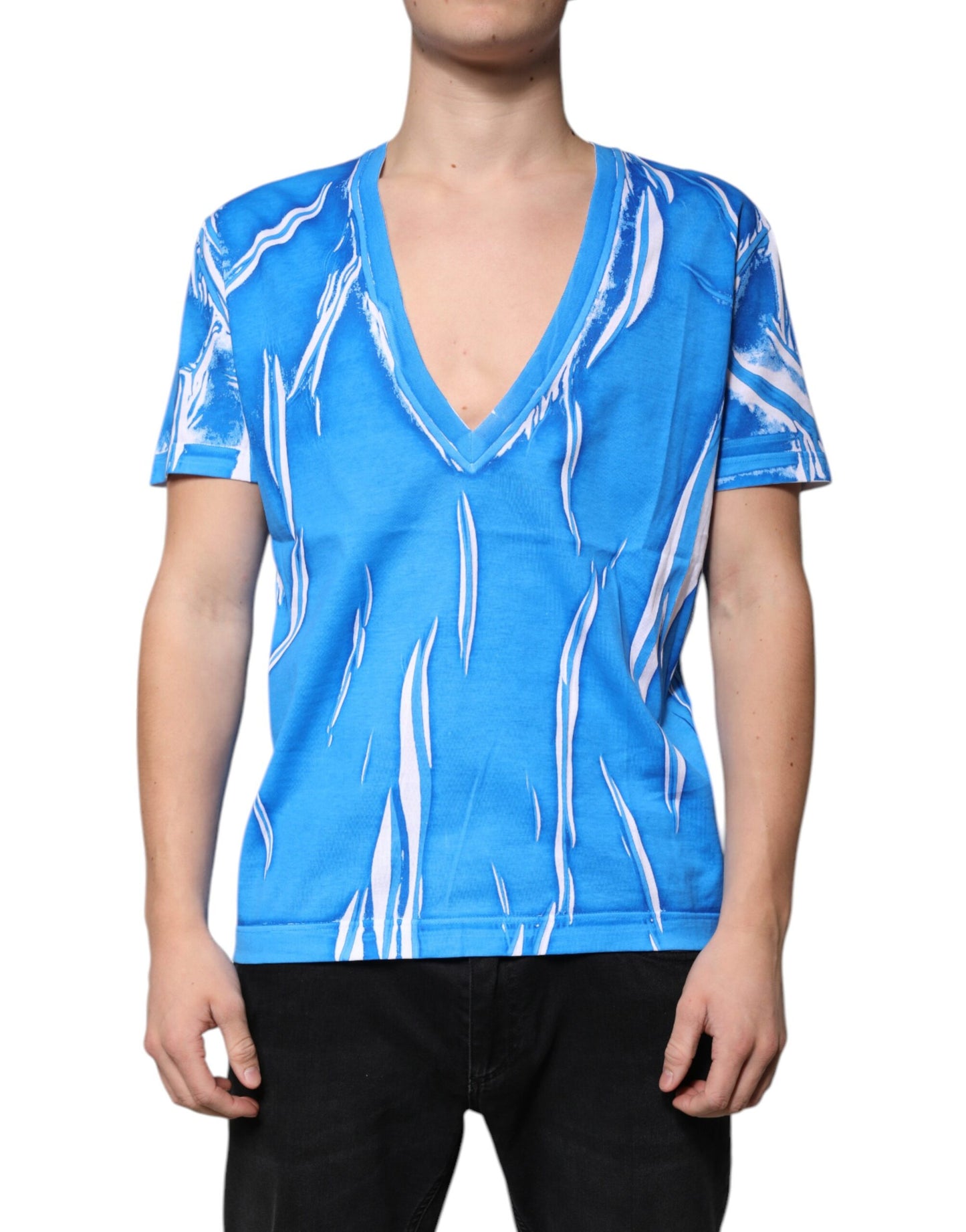 Camiseta de algodón azul de manga corta con cuello en V de Dolce & Gabbana