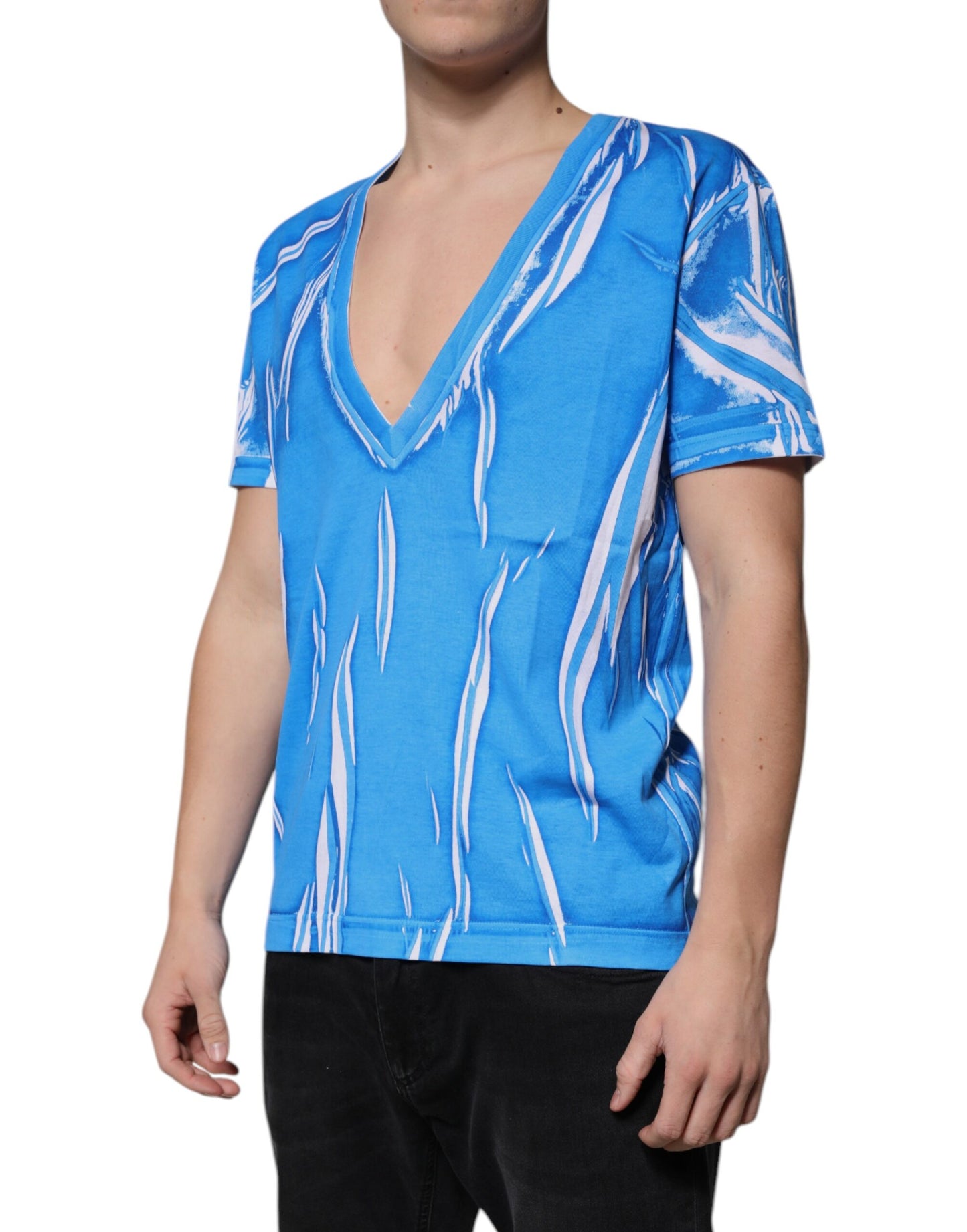 Camiseta de algodón azul de manga corta con cuello en V de Dolce & Gabbana