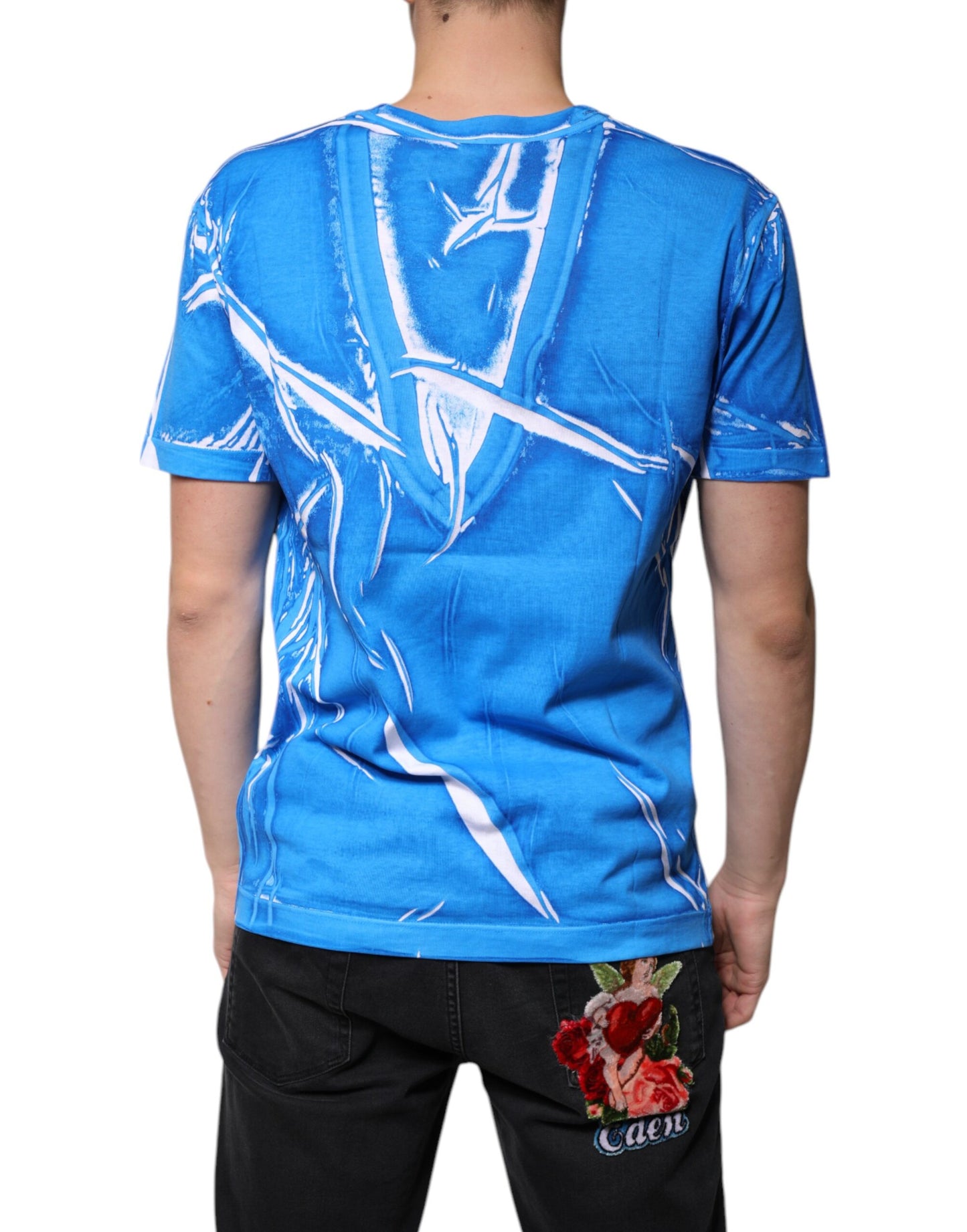 Camiseta de algodón azul de manga corta con cuello en V de Dolce & Gabbana
