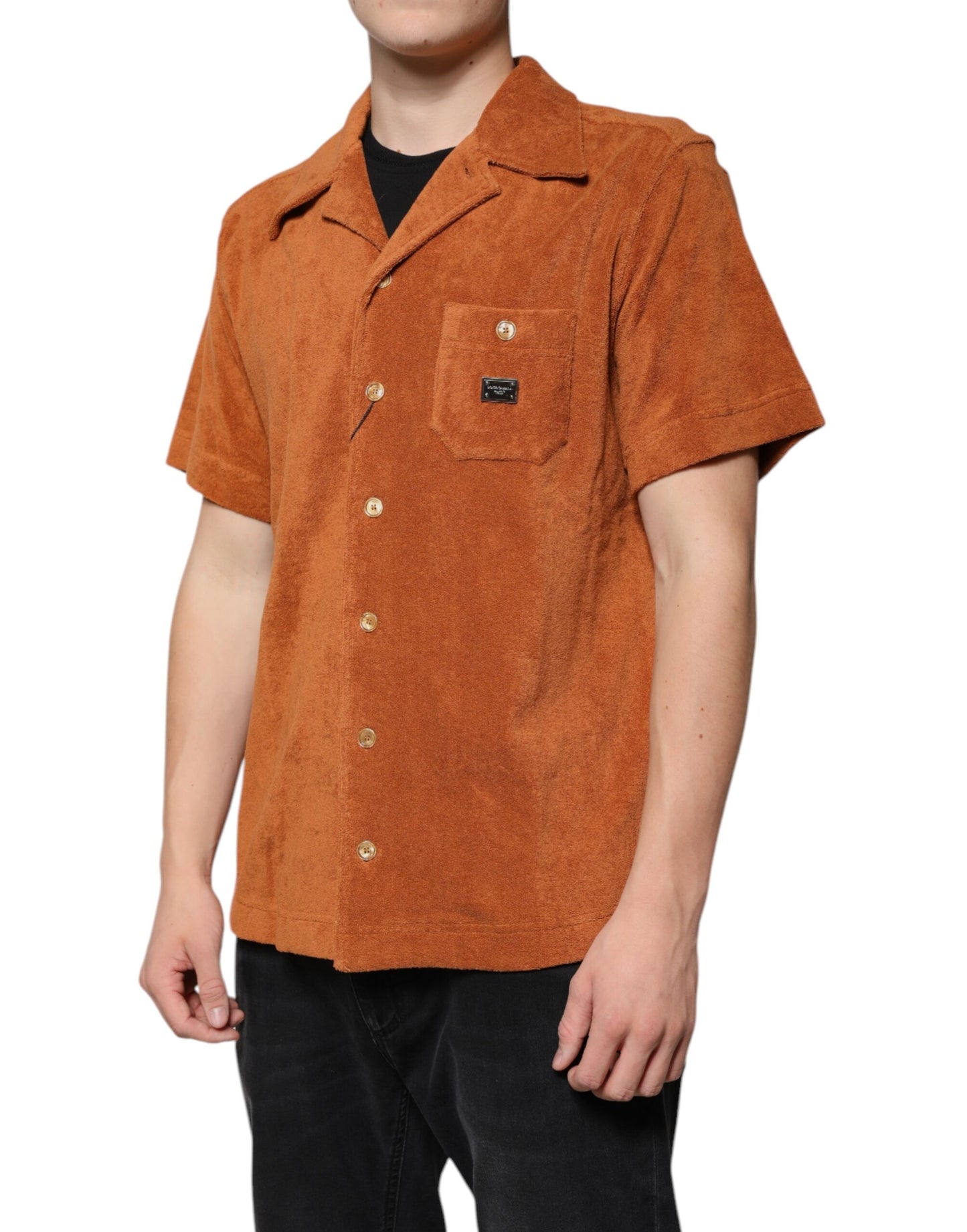 Camisa con cuello abotonado de terciopelo de algodón color avellana de Dolce & Gabbana