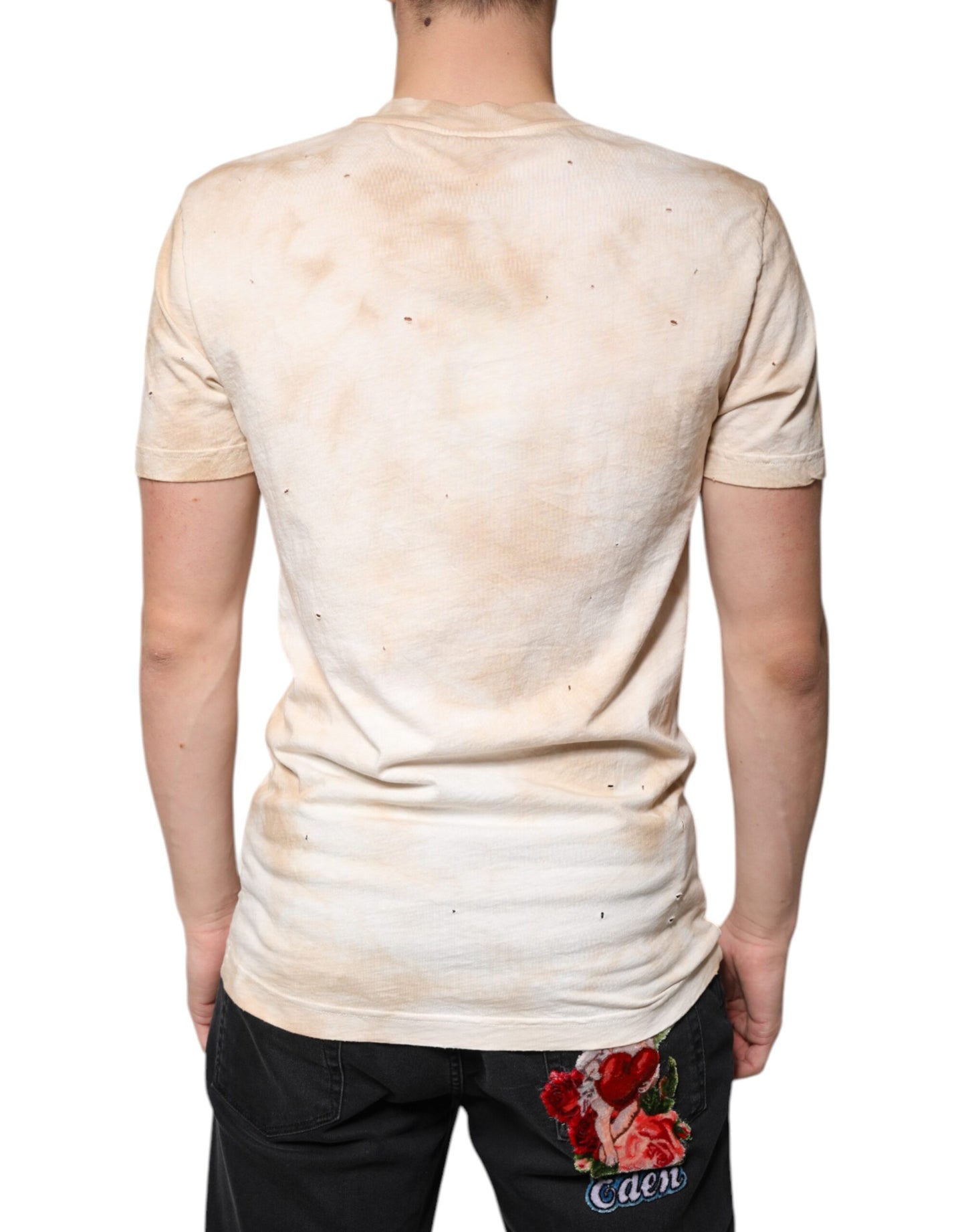 Camiseta de algodón con cuello en V y estampado gráfico beige de Dolce & Gabbana
