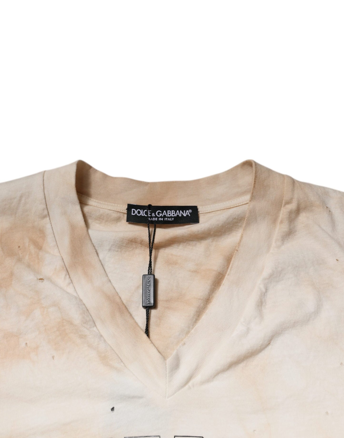 Camiseta de algodón con cuello en V y estampado gráfico beige de Dolce & Gabbana