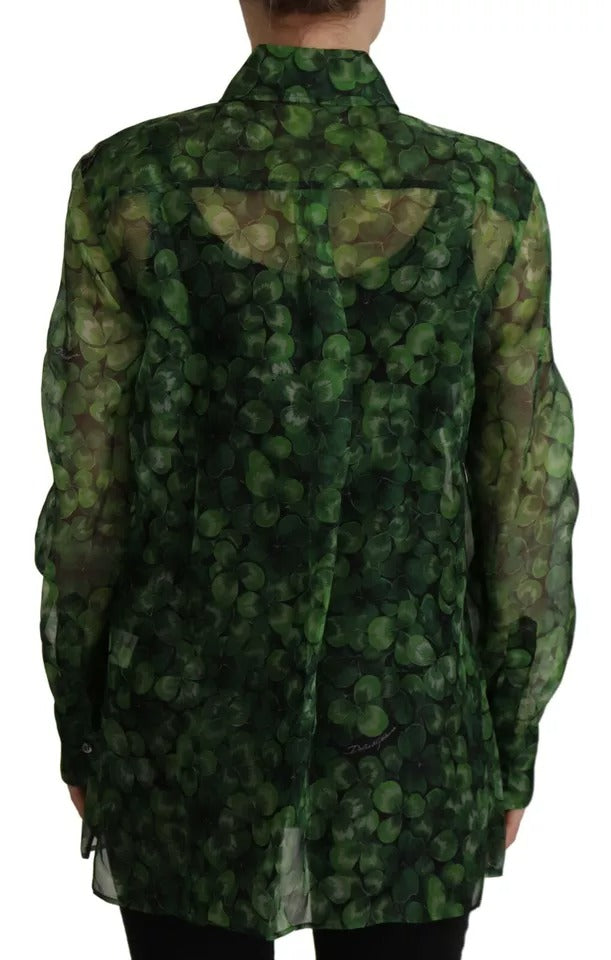 Blusa de manga larga con cuello y estampado de trébol verde de Dolce & Gabbana