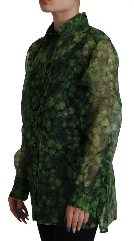 Blusa de manga larga con cuello y estampado de trébol verde de Dolce & Gabbana
