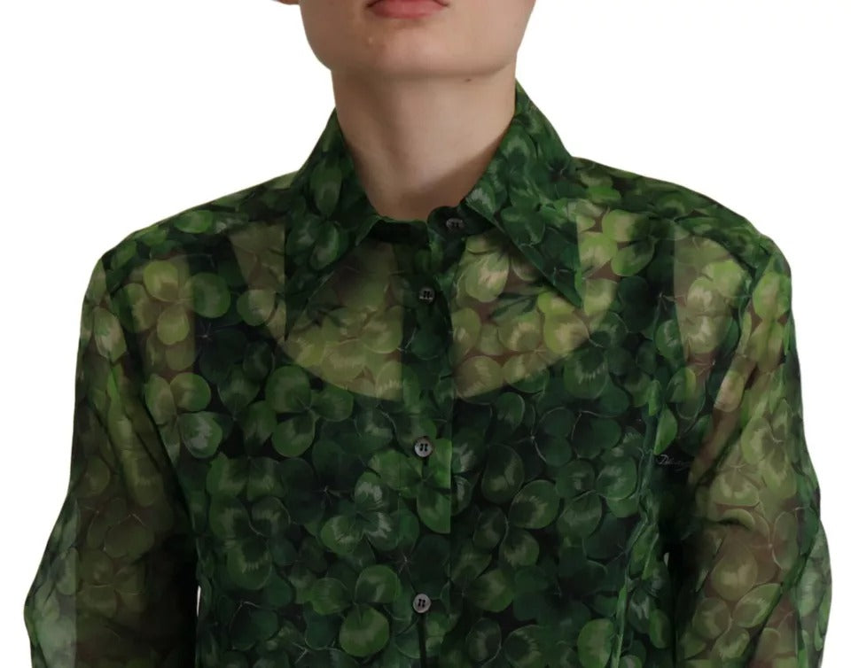 Blusa de manga larga con cuello y estampado de trébol verde de Dolce & Gabbana