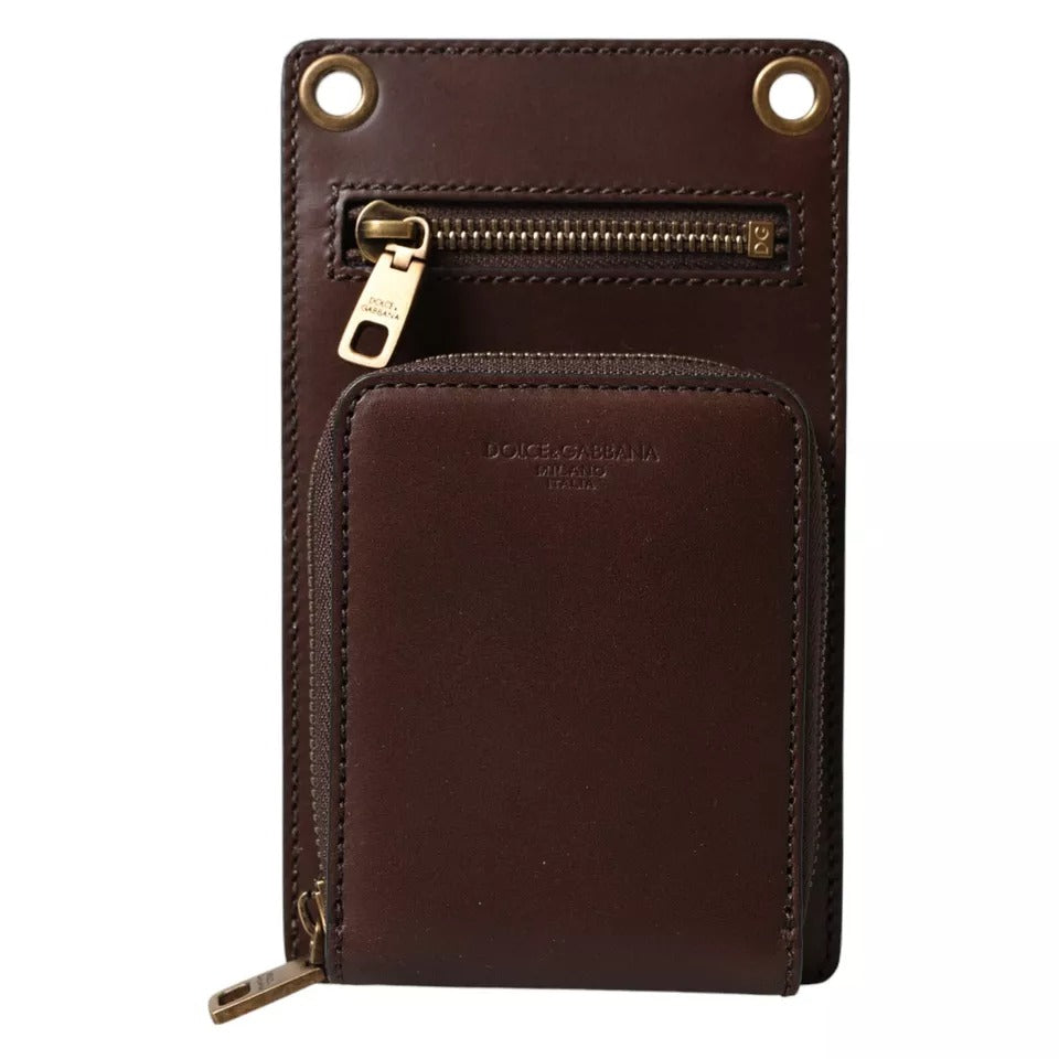 Cartera Dolce & Gabbana de piel de becerro marrón con cremallera y logotipo, correa para el hombro y el cuello