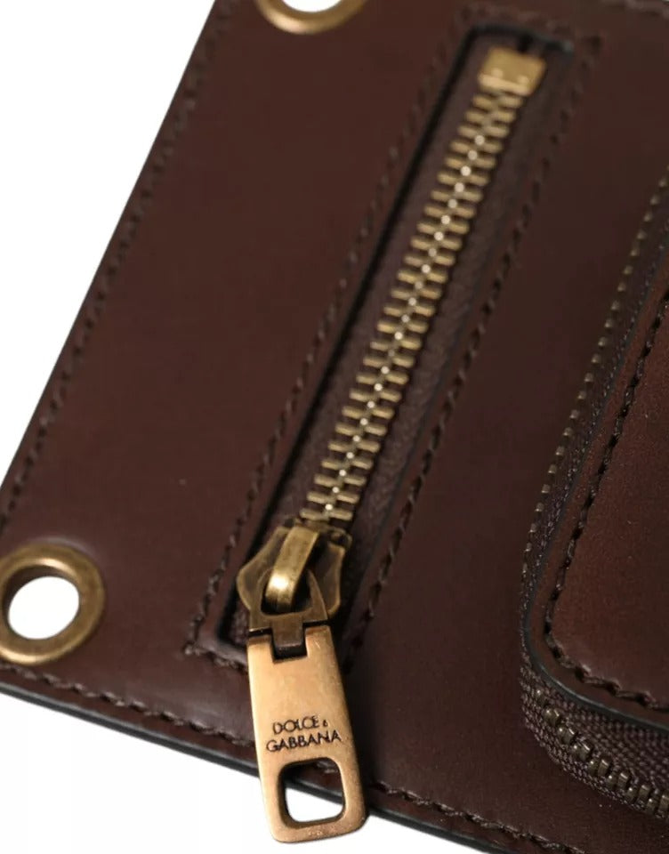 Cartera Dolce & Gabbana de piel de becerro marrón con cremallera y logotipo, correa para el hombro y el cuello