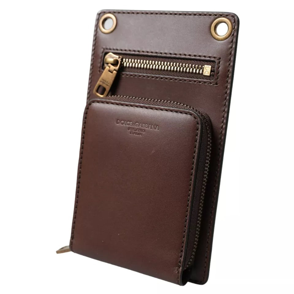 Cartera Dolce & Gabbana de piel de becerro marrón con cremallera y logotipo, correa para el hombro y el cuello