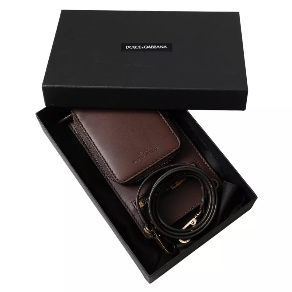 Cartera Dolce & Gabbana de piel de becerro marrón con cremallera y logotipo, correa para el hombro y el cuello