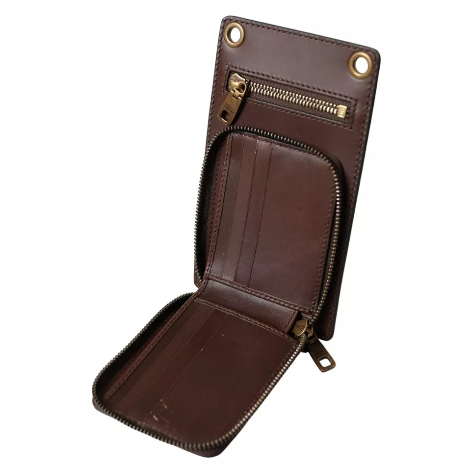 Cartera Dolce & Gabbana de piel de becerro marrón con cremallera y logotipo, correa para el hombro y el cuello