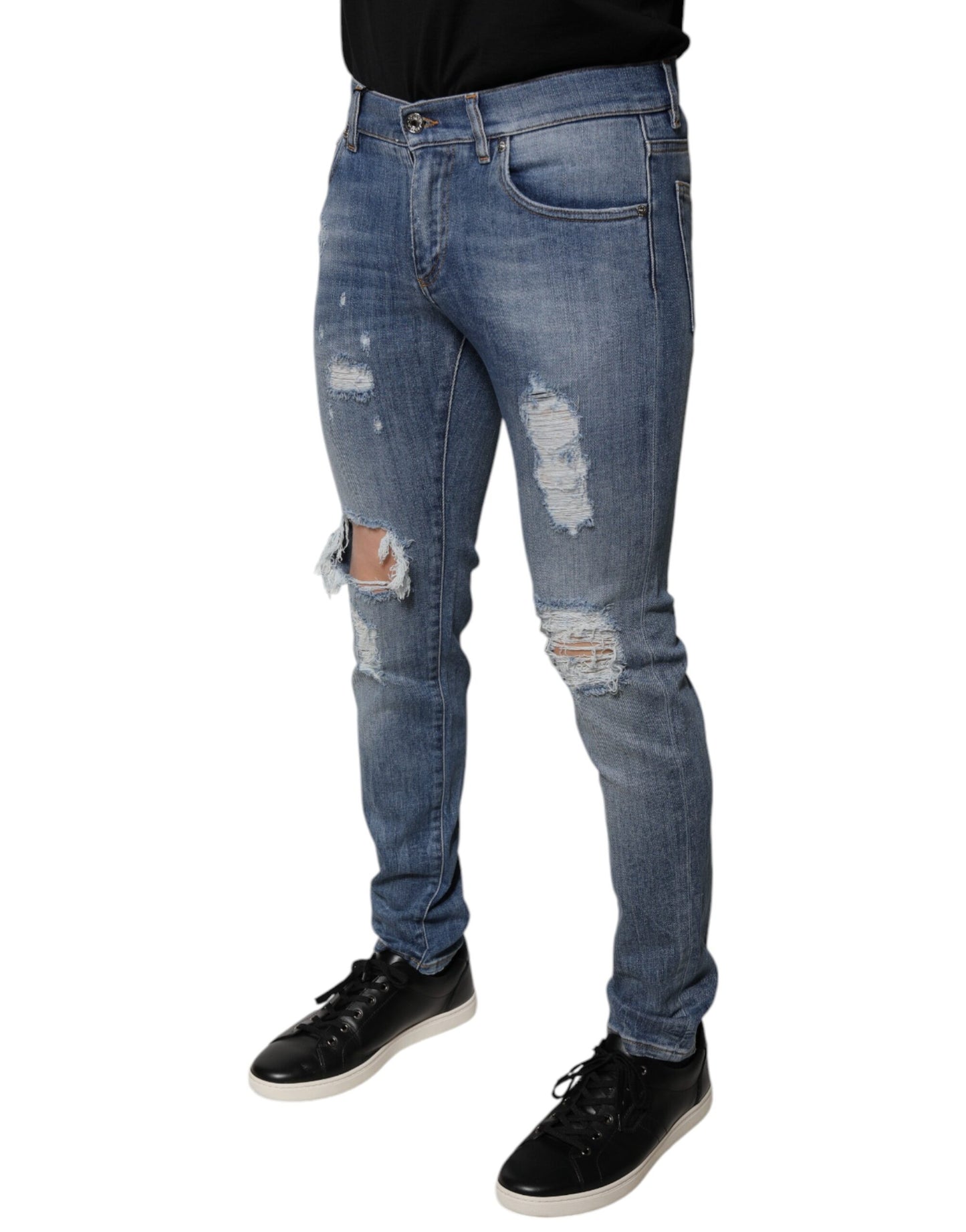 Vaqueros ajustados de mezclilla elástica de algodón azul desgastado de Dolce & Gabbana