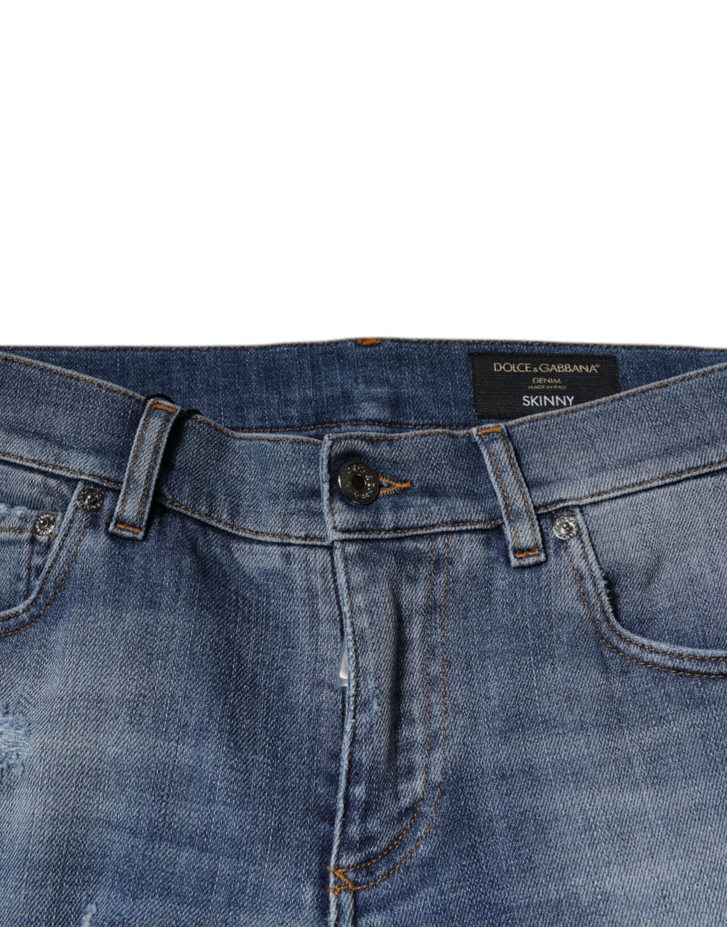 Vaqueros ajustados de mezclilla elástica de algodón azul desgastado de Dolce & Gabbana