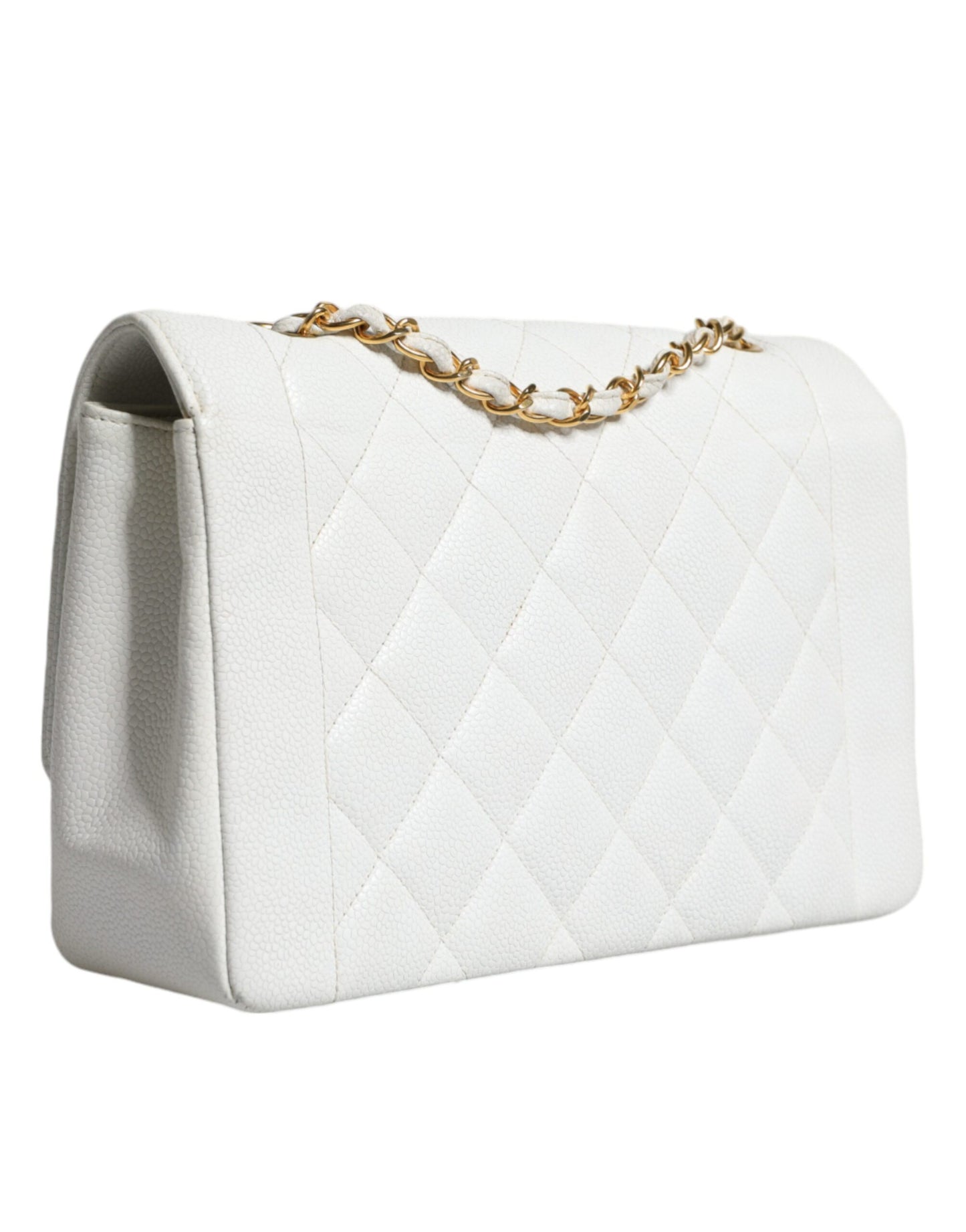 Bolso de hombro clásico mediano Diana de Chanel, color blanco, bañado en oro