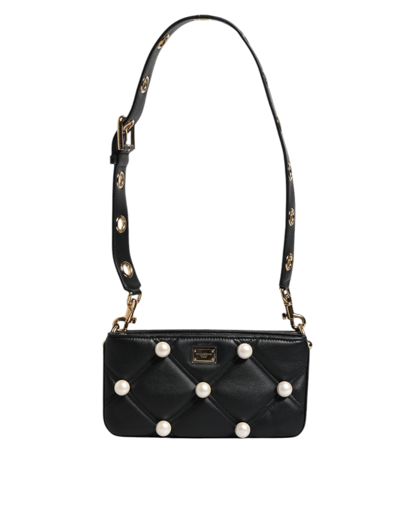 Bolso de hombro Dolce & Gabbana de piel negra con logotipo adornado con perlas