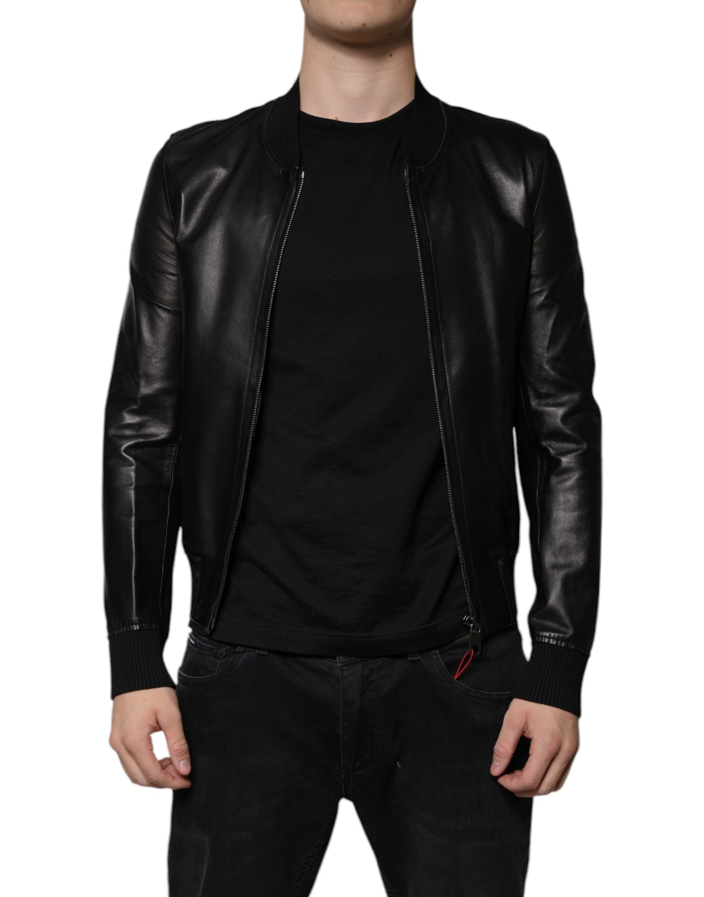 Chaqueta biker de piel de cordero negra con cremallera completa de Dolce & Gabbana