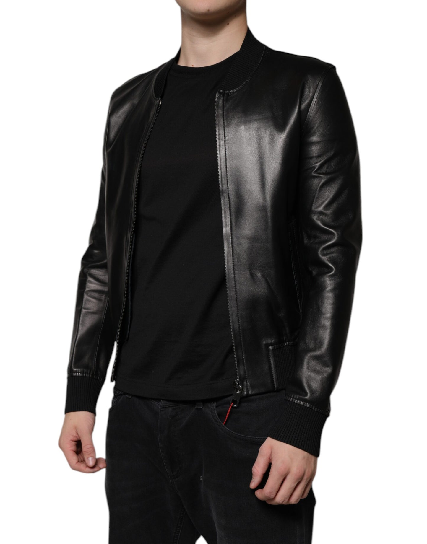 Chaqueta biker de piel de cordero negra con cremallera completa de Dolce & Gabbana