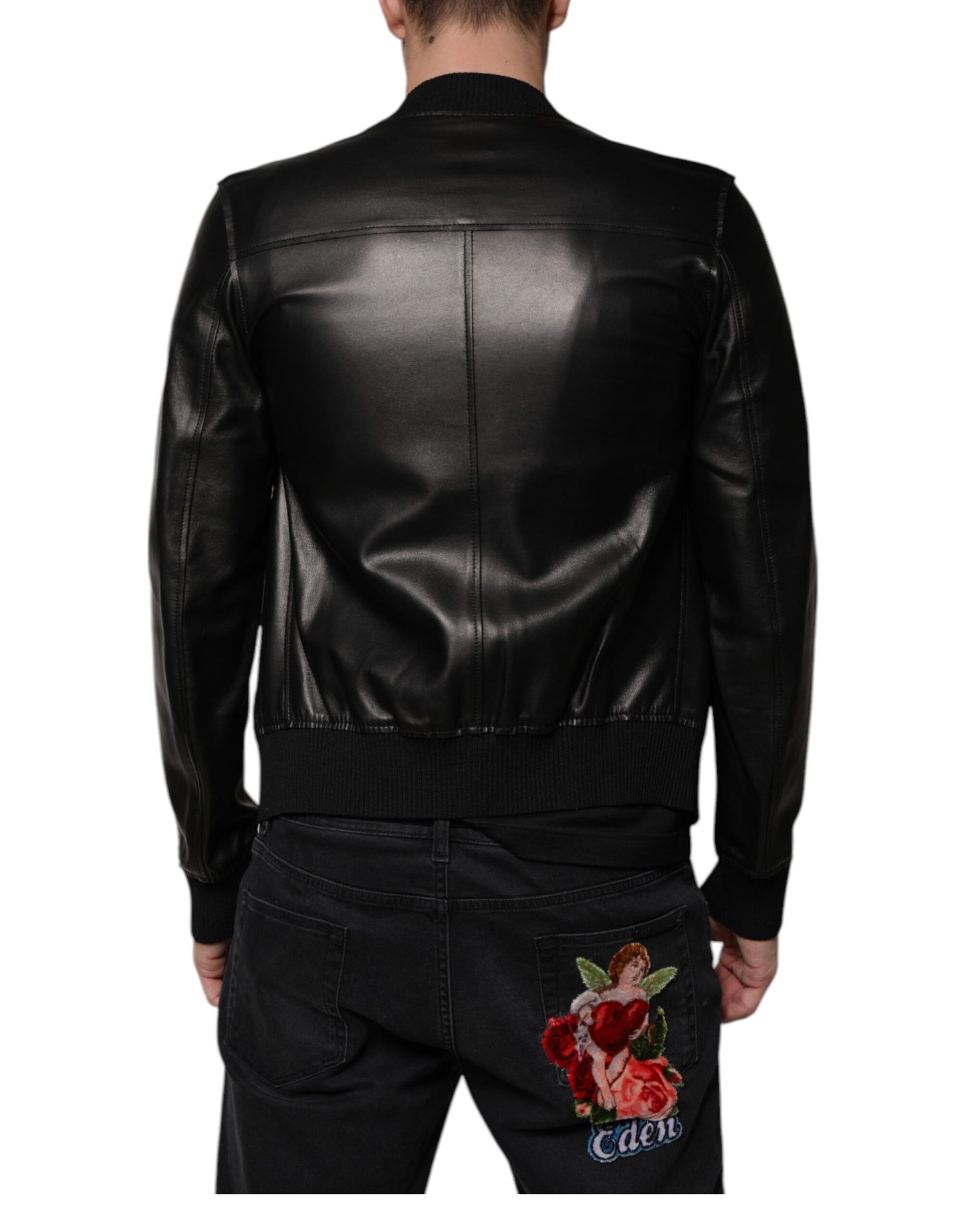 Chaqueta biker de piel de cordero negra con cremallera completa de Dolce & Gabbana