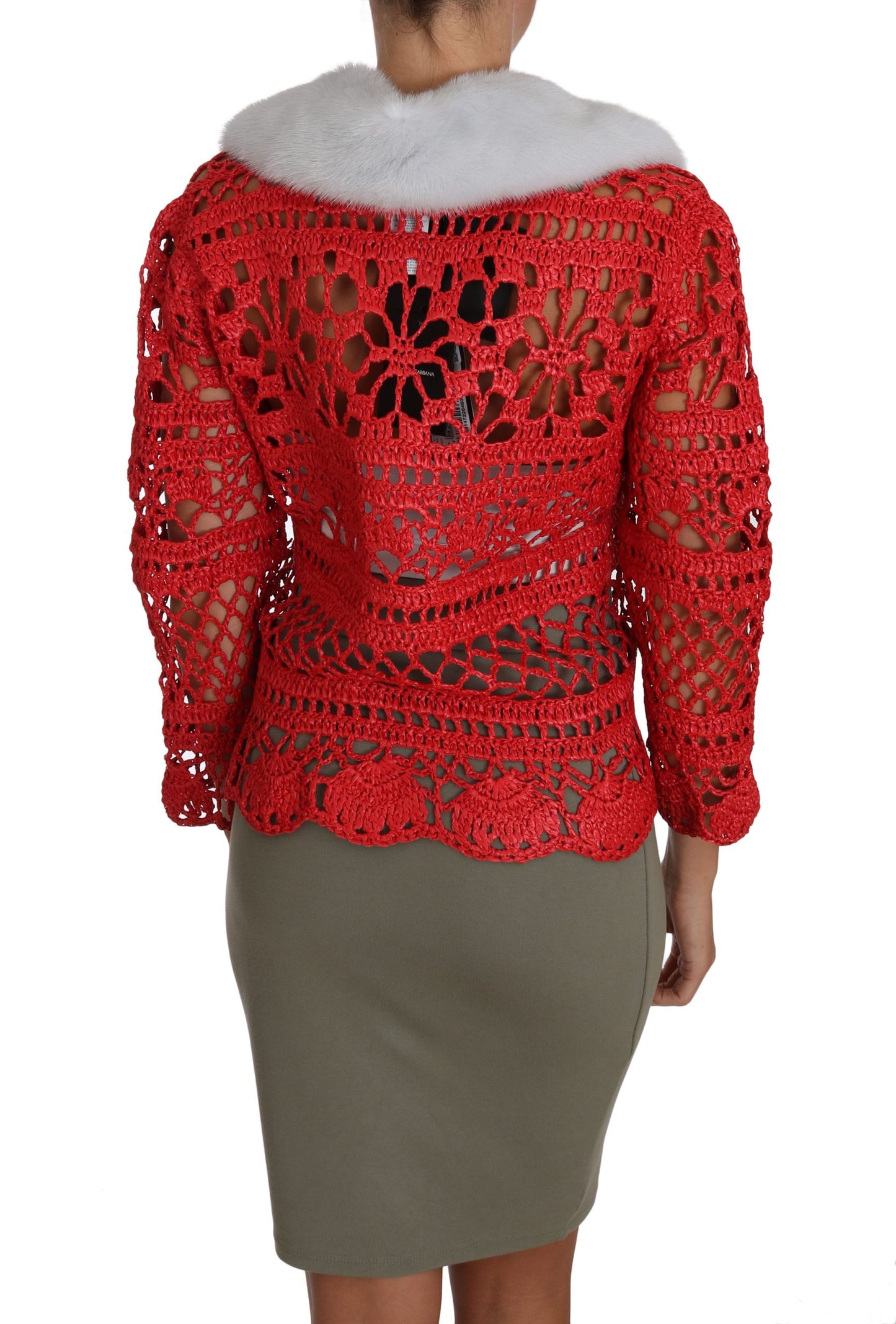 Dolce & Gabbana Elegante cárdigan rojo de punto de crochet con cuello de piel