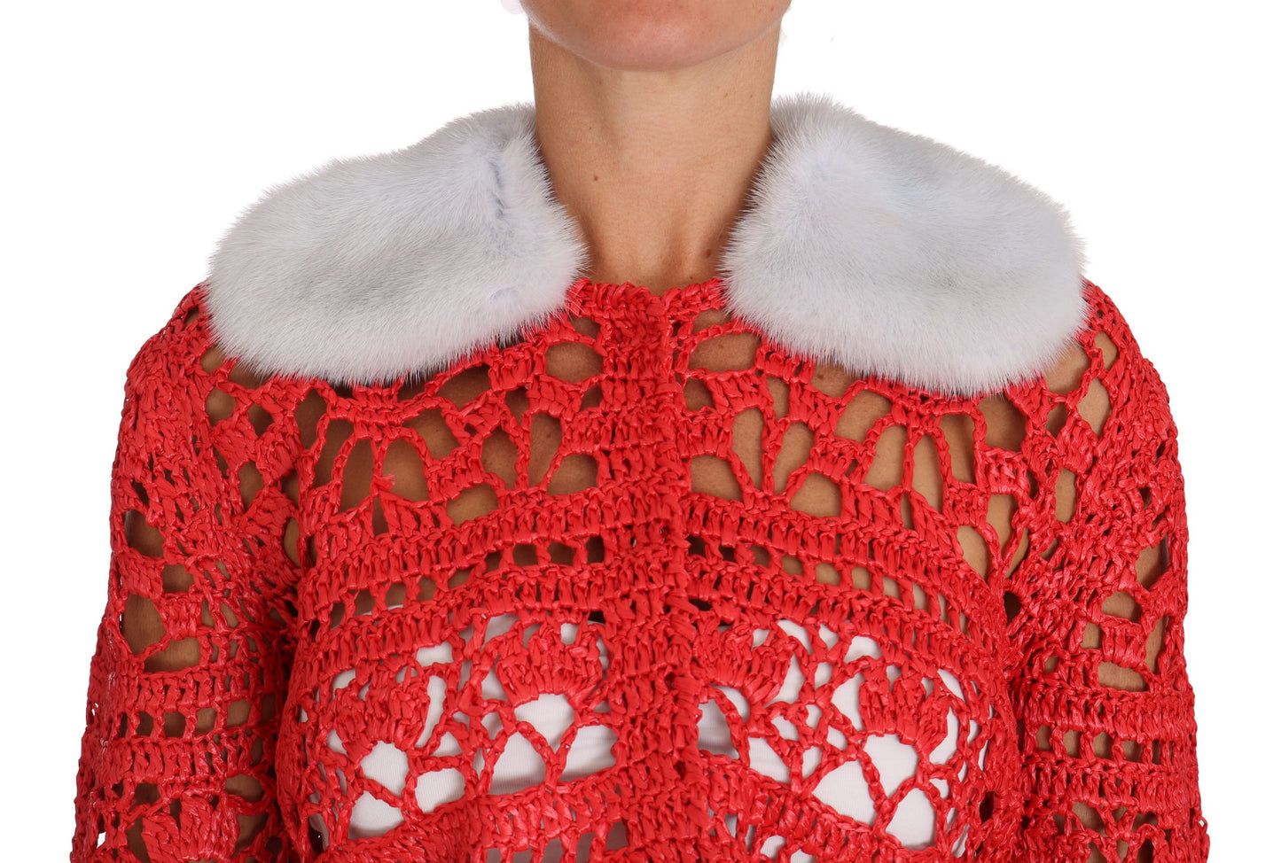 Dolce & Gabbana Elegante cárdigan rojo de punto de crochet con cuello de piel