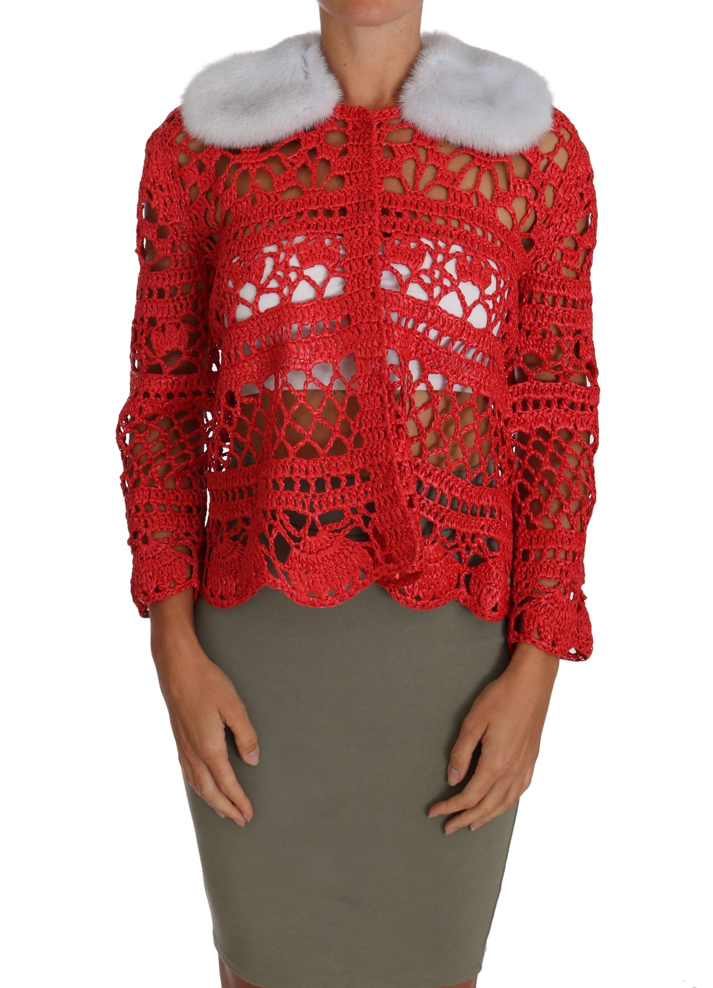 Dolce & Gabbana Elegante cárdigan rojo de punto de crochet con cuello de piel
