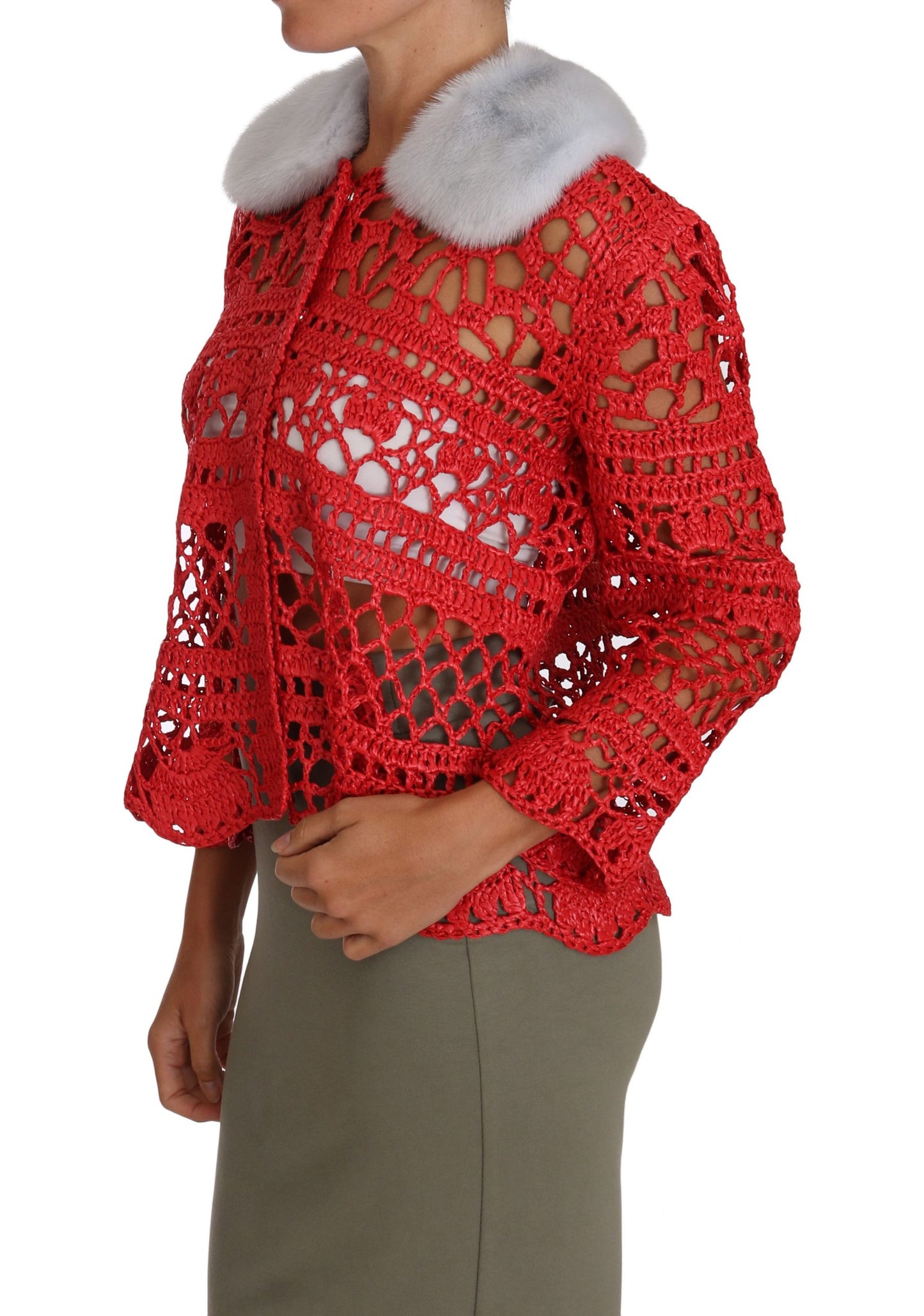 Dolce & Gabbana Elegante cárdigan rojo de punto de crochet con cuello de piel