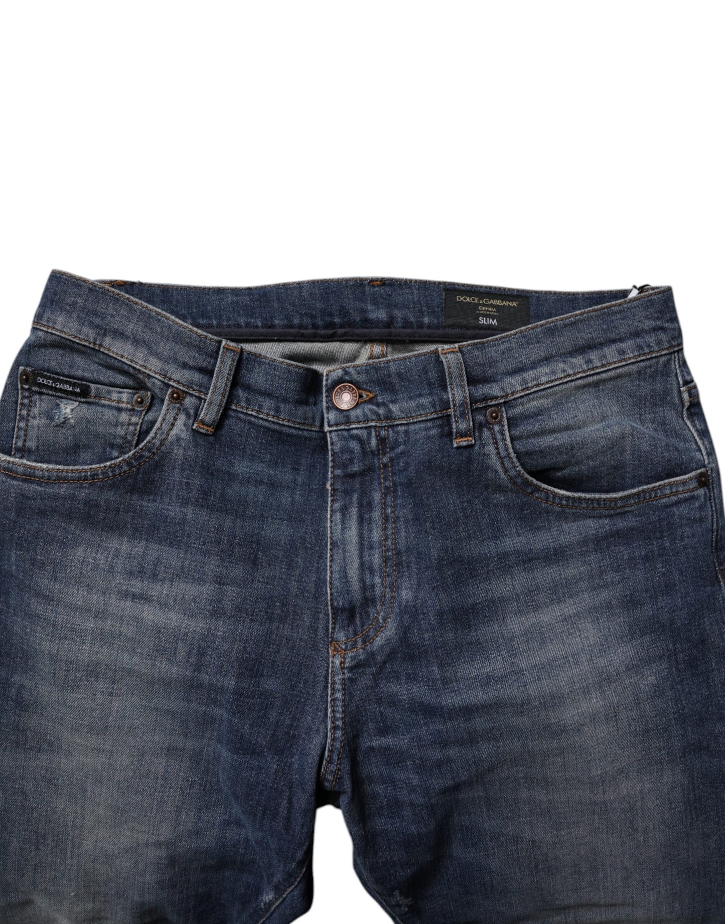 Vaqueros ajustados de cuero y algodón azul oscuro de Dolce & Gabbana