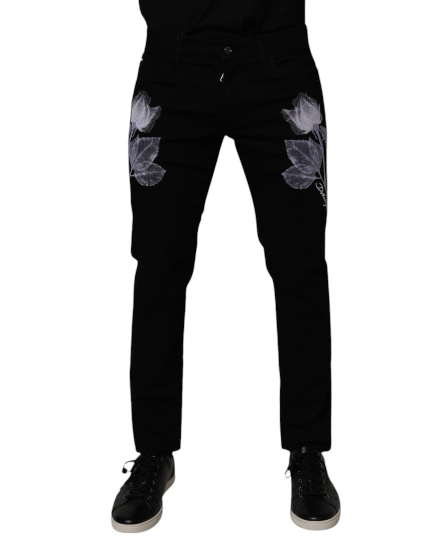 Vaqueros ajustados de algodón con estampado floral negro de Dolce & Gabbana para hombre
