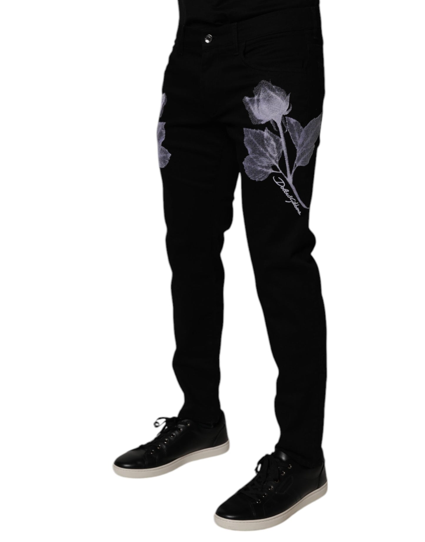 Vaqueros ajustados de algodón con estampado floral negro de Dolce & Gabbana para hombre