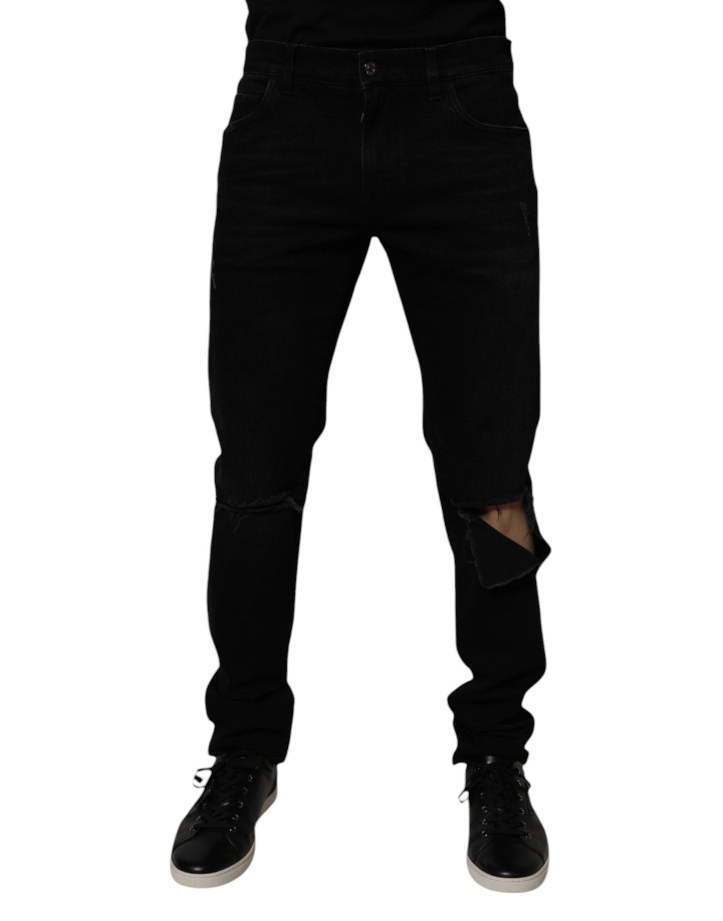 Vaqueros ajustados de algodón negro deshilachados de Dolce & Gabbana para hombre