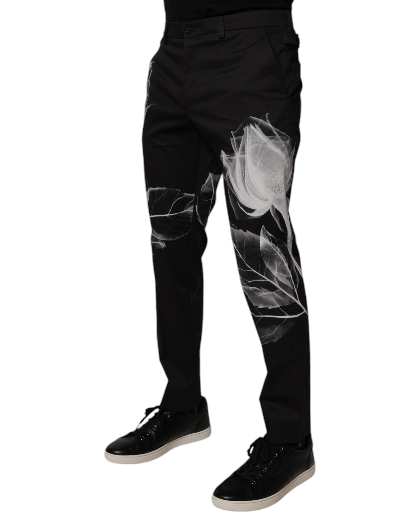Pantalones de vestir ajustados con estampado floral de algodón negro de Dolce & Gabbana