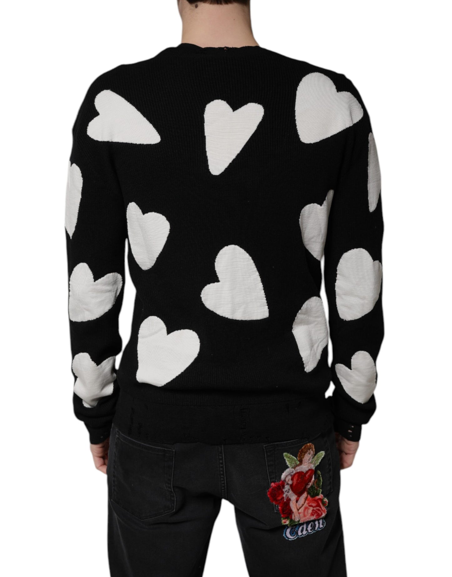 Suéter de cuello redondo de seda con corazones negros de Dolce & Gabbana
