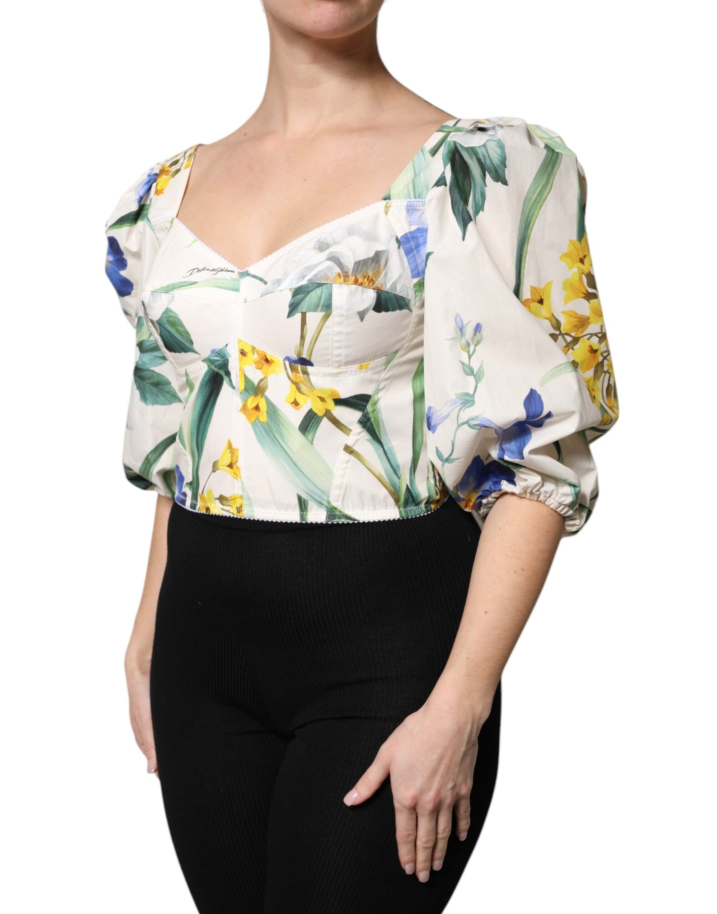 Blusa corta con mangas abullonadas y estampado floral blanco de Dolce & Gabbana