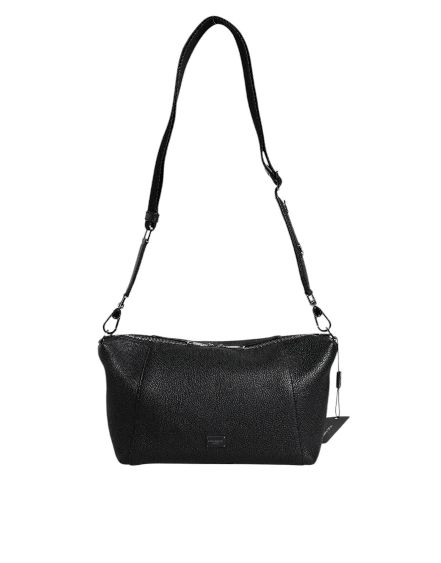Bolso bandolera de piel negra con placa del logotipo de Dolce & Gabbana