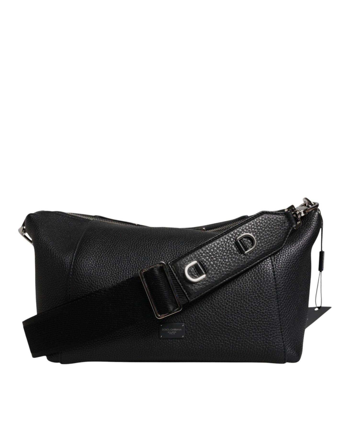Bolso bandolera de piel negra con placa del logotipo de Dolce & Gabbana