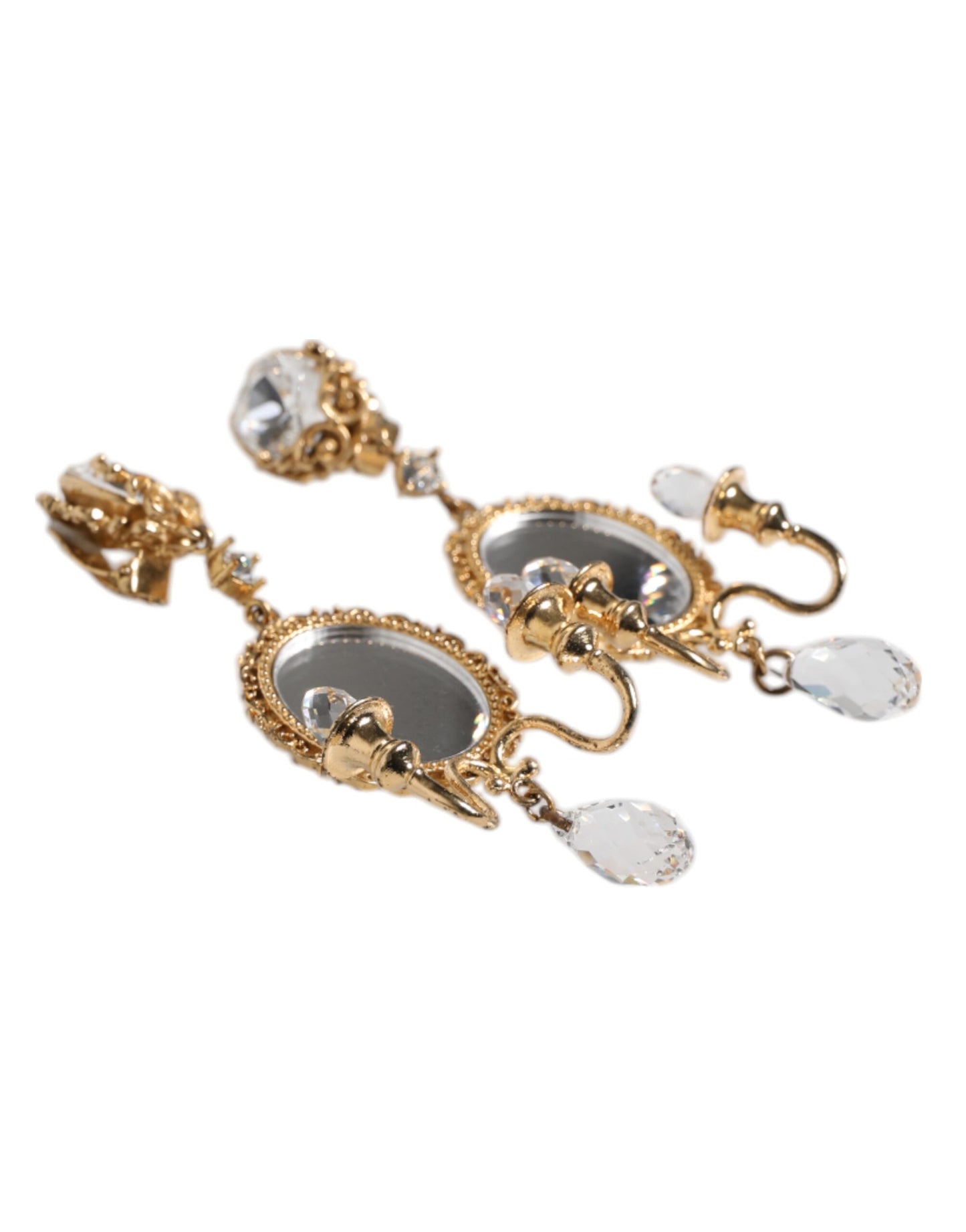 Boucles d'oreilles pendantes Dolce & Gabbana en laiton doré et cristal transparent avec élément miroir