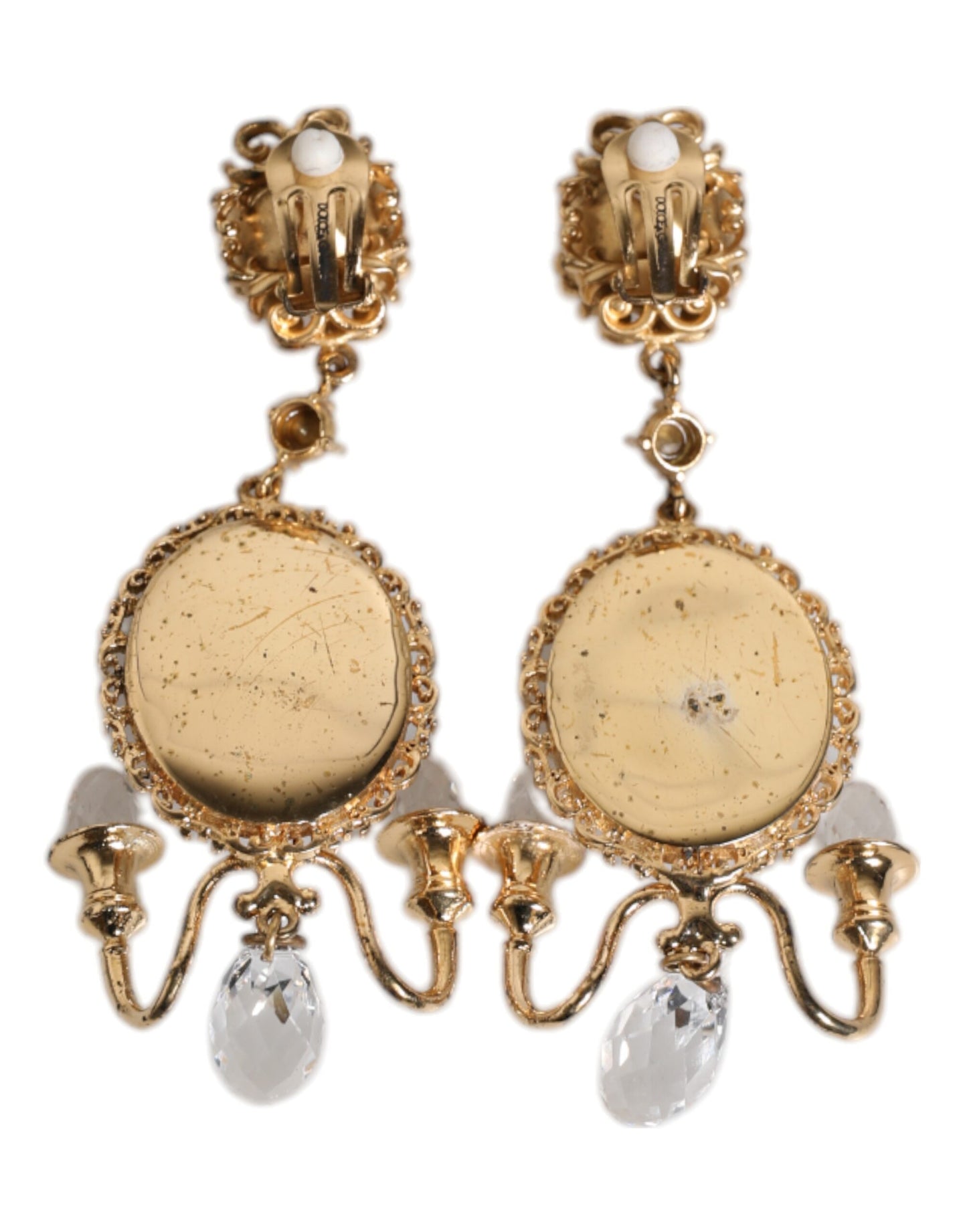 Boucles d'oreilles pendantes Dolce & Gabbana en laiton doré et cristal transparent avec élément miroir