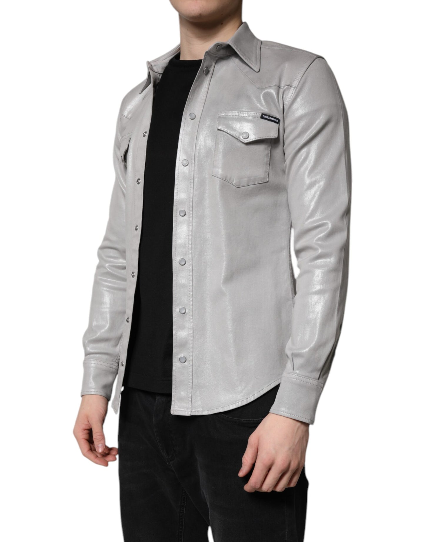 Camisa de botones de algodón gris metalizado de Dolce & Gabbana