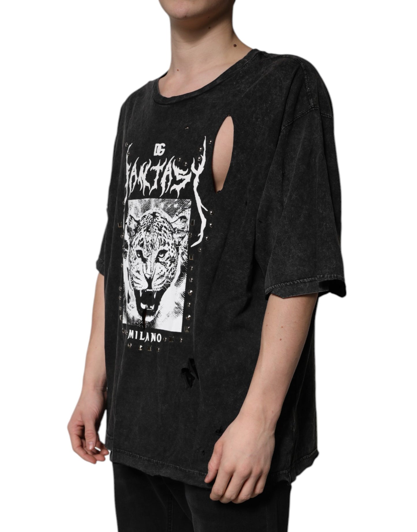 Dolce & Gabbana Camiseta negra con cuello redondo y estampado gráfico de algodón