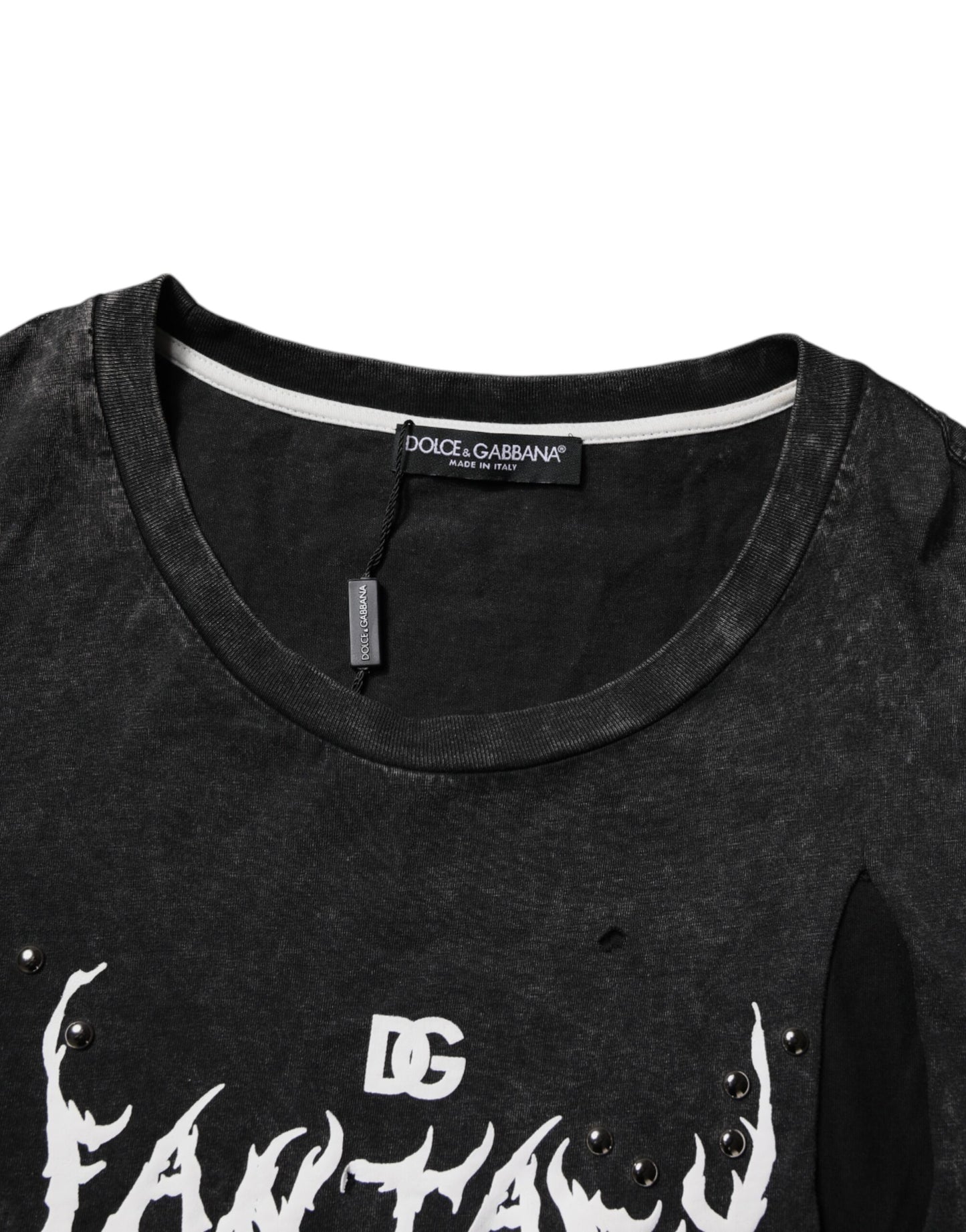 Dolce & Gabbana Camiseta negra con cuello redondo y estampado gráfico de algodón